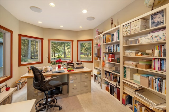 office space featuring recessed lighting and light carpet