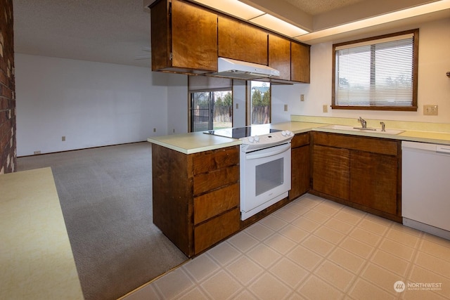 kitchen with sink, white appliances, kitchen peninsula, and a wealth of natural light