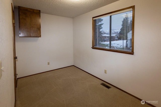 carpeted spare room with a textured ceiling