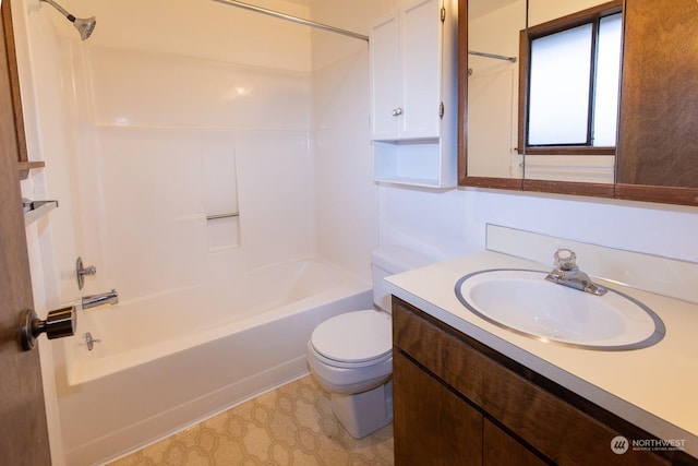 full bathroom featuring vanity, toilet, and washtub / shower combination