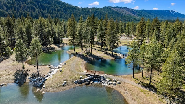 aerial view featuring a water and mountain view