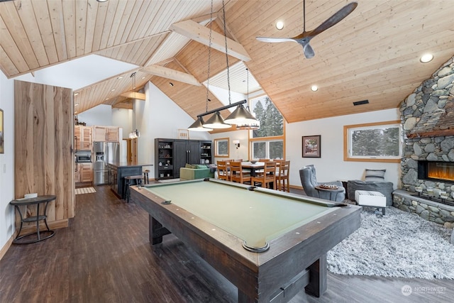 rec room with dark wood-type flooring, a fireplace, wooden ceiling, and pool table