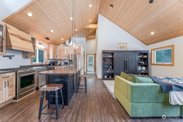 kitchen featuring a center island, light brown cabinets, wooden ceiling, high vaulted ceiling, and stainless steel appliances