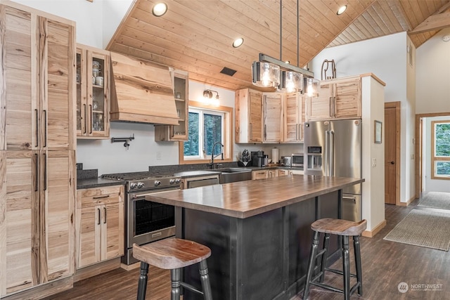 kitchen featuring a center island, high quality appliances, wooden ceiling, a kitchen breakfast bar, and sink