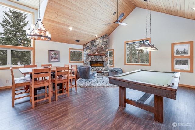 playroom featuring wooden ceiling, a fireplace, billiards, and dark wood-type flooring