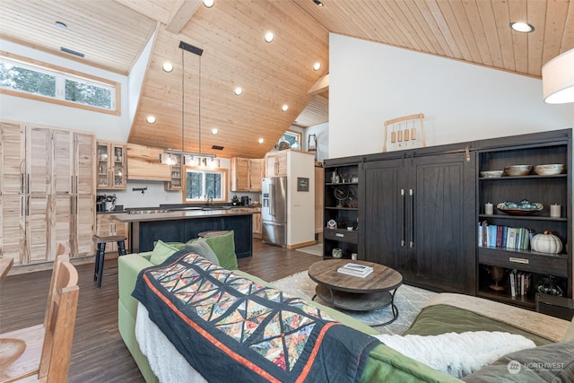 living room featuring sink, high vaulted ceiling, wood ceiling, and dark hardwood / wood-style floors