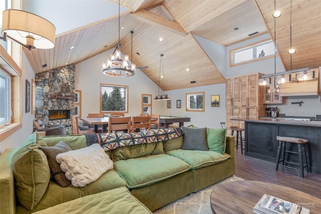 living room featuring a fireplace, wood ceiling, and dark hardwood / wood-style floors