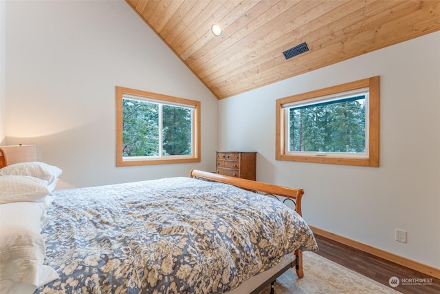 bedroom featuring hardwood / wood-style floors, wood ceiling, and lofted ceiling