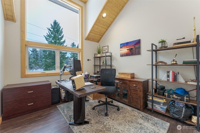 office featuring wooden ceiling, high vaulted ceiling, and dark wood-type flooring