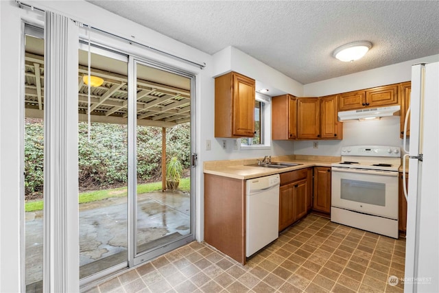 kitchen featuring a textured ceiling, sink, and white appliances