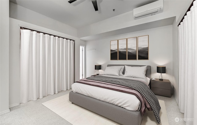 bedroom featuring a wall mounted AC, light colored carpet, and ceiling fan