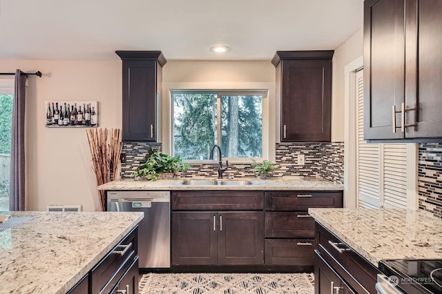 kitchen with sink, a healthy amount of sunlight, tasteful backsplash, dark brown cabinets, and appliances with stainless steel finishes