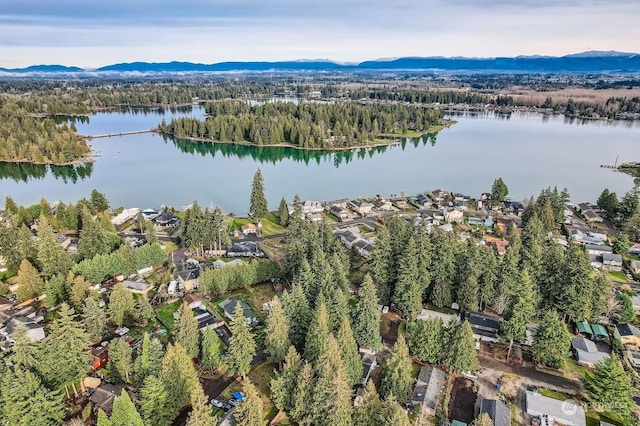 drone / aerial view featuring a water and mountain view