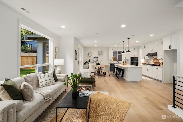 living room featuring sink and light hardwood / wood-style floors