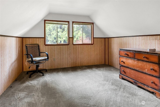 additional living space featuring light colored carpet, vaulted ceiling, and wood walls