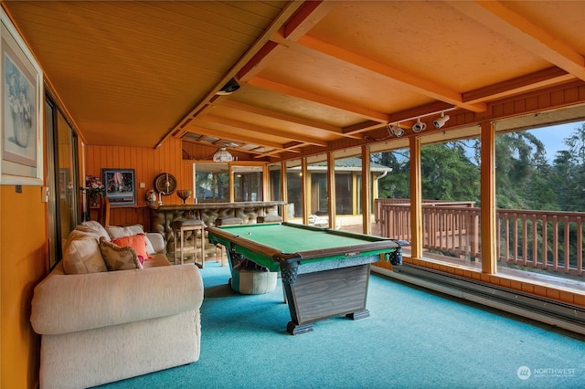 rec room with carpet, pool table, beam ceiling, and wood walls