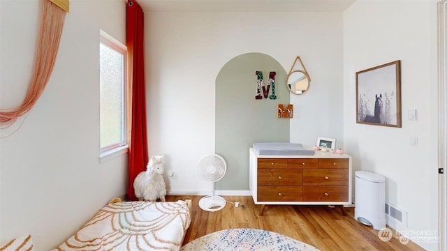 living area with a healthy amount of sunlight and light hardwood / wood-style floors