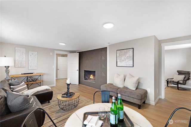 living room with a fireplace and light hardwood / wood-style flooring