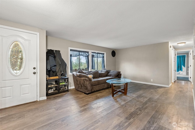 living room with hardwood / wood-style floors and a textured ceiling