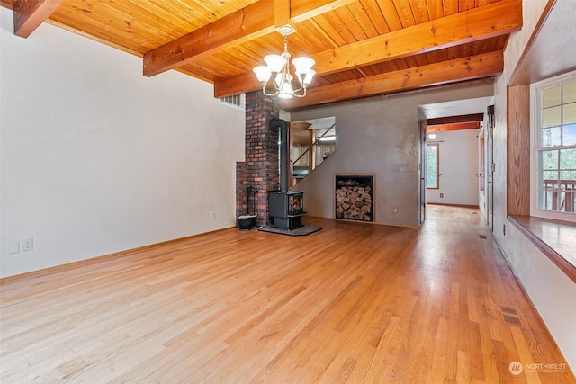 unfurnished living room featuring beam ceiling, a wood stove, wooden ceiling, an inviting chandelier, and light hardwood / wood-style flooring