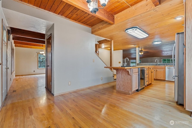 kitchen featuring a kitchen breakfast bar, appliances with stainless steel finishes, wood ceiling, beverage cooler, and beam ceiling