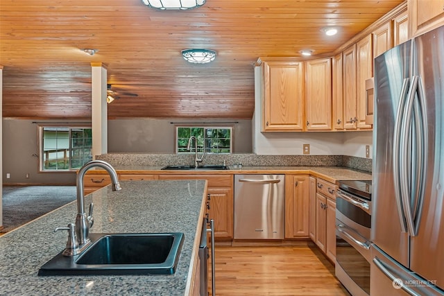 kitchen featuring sink, wooden ceiling, and appliances with stainless steel finishes