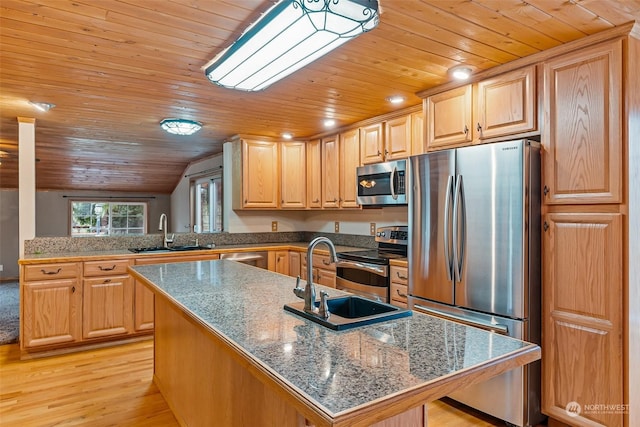 kitchen featuring sink, a center island with sink, wood ceiling, and appliances with stainless steel finishes