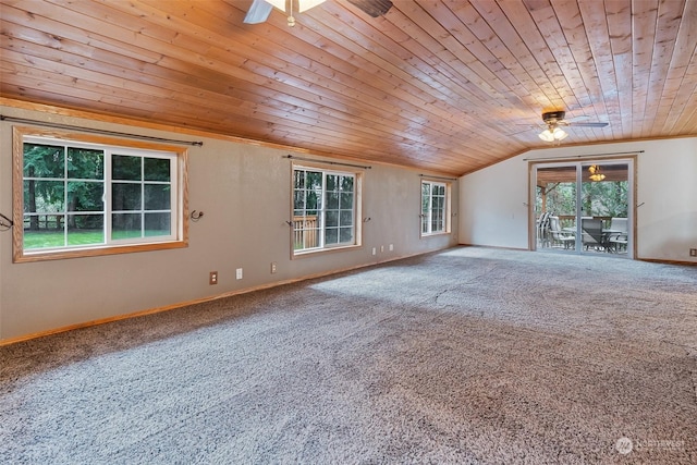 unfurnished living room featuring carpet flooring, wooden ceiling, and vaulted ceiling