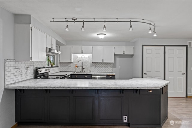 kitchen with white cabinetry, sink, kitchen peninsula, decorative backsplash, and appliances with stainless steel finishes