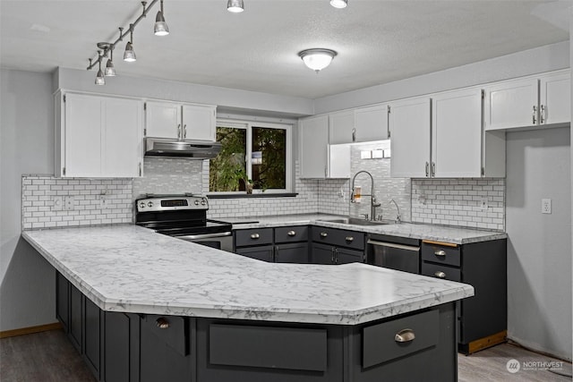 kitchen featuring hardwood / wood-style floors, white cabinets, sink, appliances with stainless steel finishes, and kitchen peninsula