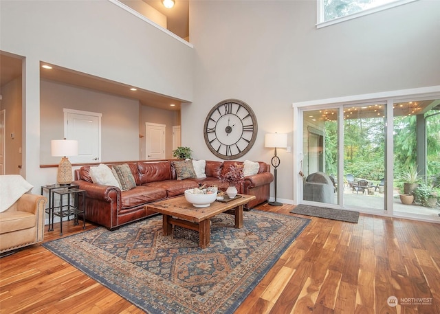 living room with hardwood / wood-style flooring and a high ceiling