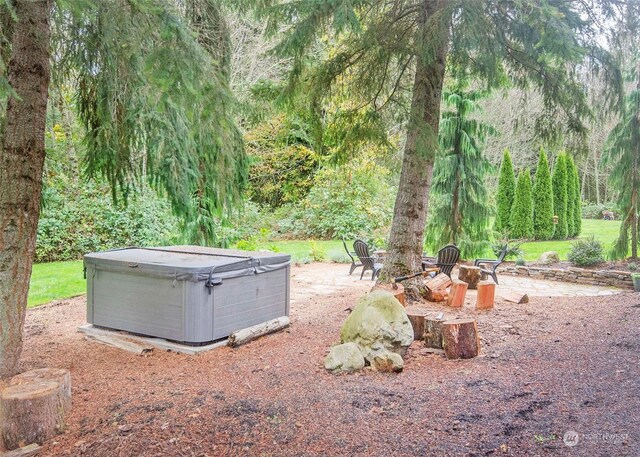 view of yard with a hot tub