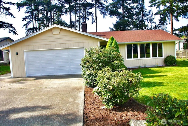 ranch-style house featuring driveway, a chimney, a shingled roof, a front lawn, and a garage