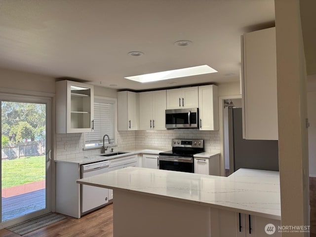 kitchen with a sink, decorative backsplash, a skylight, appliances with stainless steel finishes, and wood finished floors