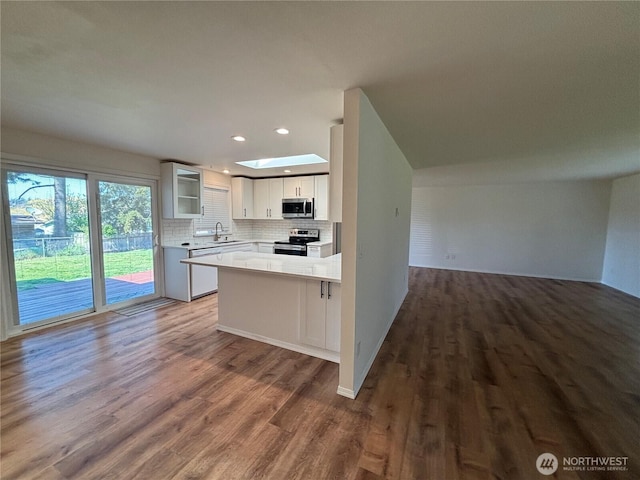 kitchen with a sink, appliances with stainless steel finishes, open floor plan, wood finished floors, and backsplash