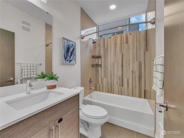 full bathroom featuring tile patterned floors, vanity,  shower combination, and toilet