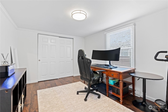 office space featuring ornamental molding and dark wood-type flooring