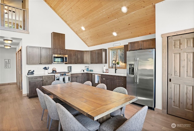 kitchen featuring backsplash, wooden ceiling, stainless steel appliances, and high vaulted ceiling