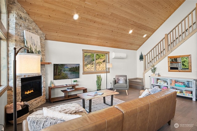 living room with wood-type flooring, wooden ceiling, a fireplace, and an AC wall unit