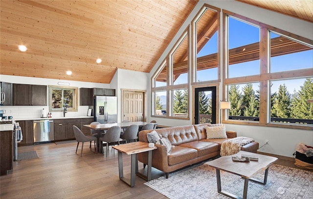 living room featuring sink, high vaulted ceiling, wood ceiling, and light wood-type flooring