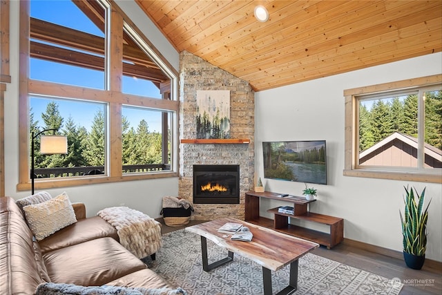 living room with a fireplace, high vaulted ceiling, light hardwood / wood-style flooring, and wood ceiling