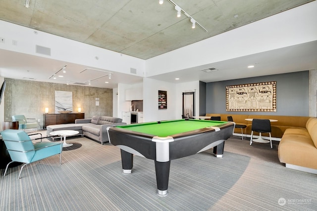 game room with light colored carpet and billiards