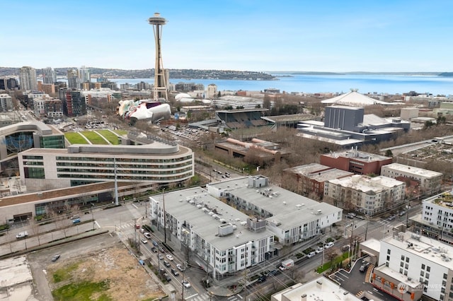 aerial view featuring a water view