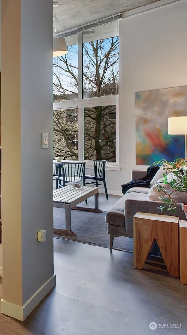 living area with concrete floors and expansive windows