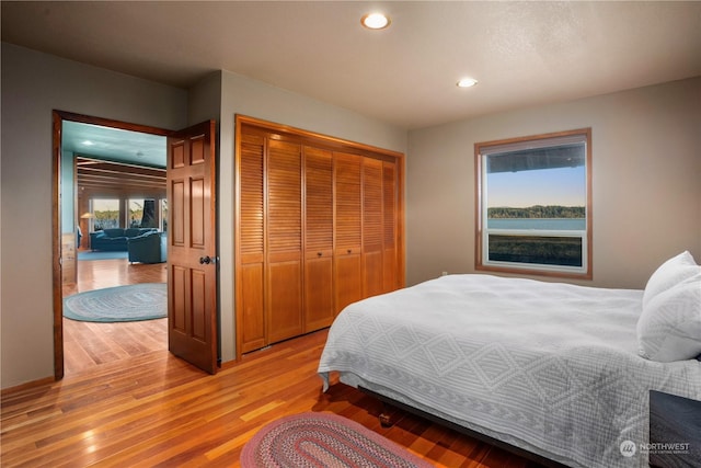 bedroom with light wood-type flooring, a water view, and a closet