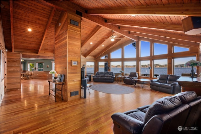 living room with wood ceiling and high vaulted ceiling