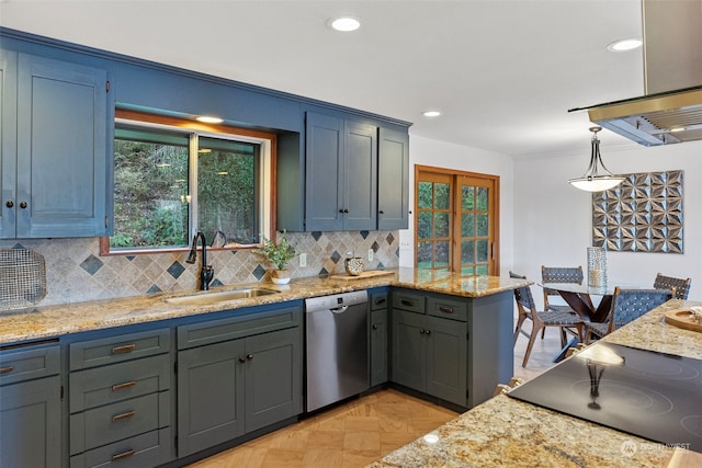 kitchen with decorative light fixtures, black electric stovetop, backsplash, a sink, and dishwasher