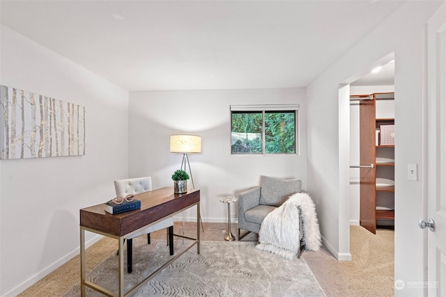 home office featuring a barn door, carpet, and baseboards