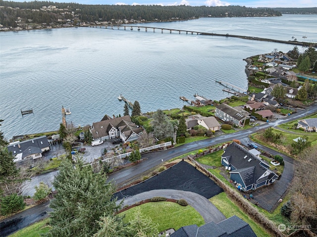 aerial view featuring a water view and a residential view