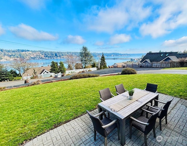 view of patio / terrace featuring outdoor dining space, a water view, and fence